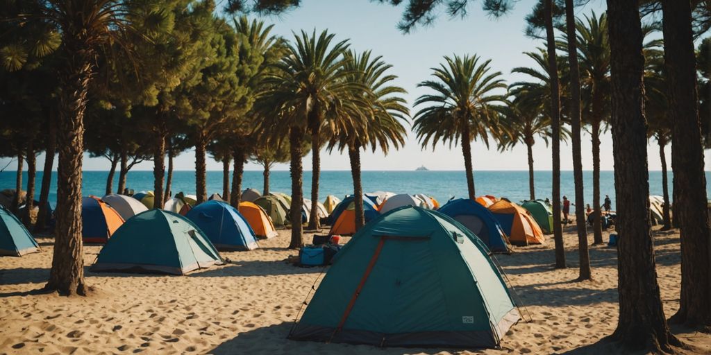 Beachside campsite in Italy with tents and clear skies.